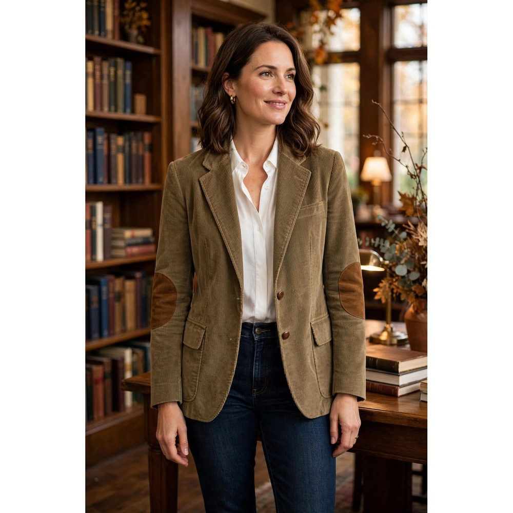 Ralph Lauren Womens 14 Corduroy Blazer Tan Elbow Patches Academia USA